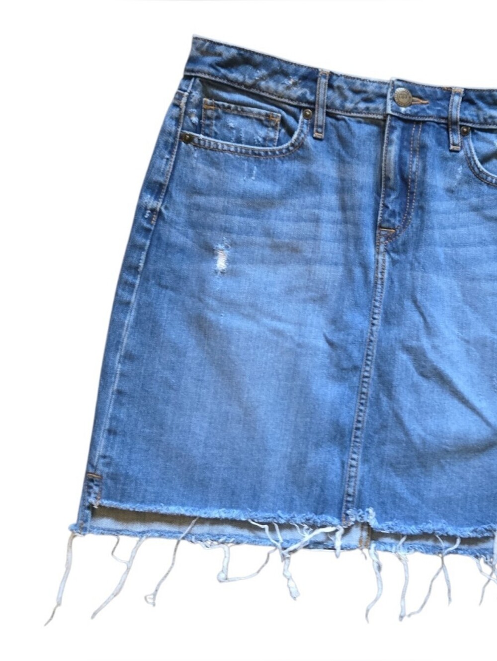 LOFT Distressed Frayed Raw Hem Denim Mini Pencil Skirt - Picture 2 of 7